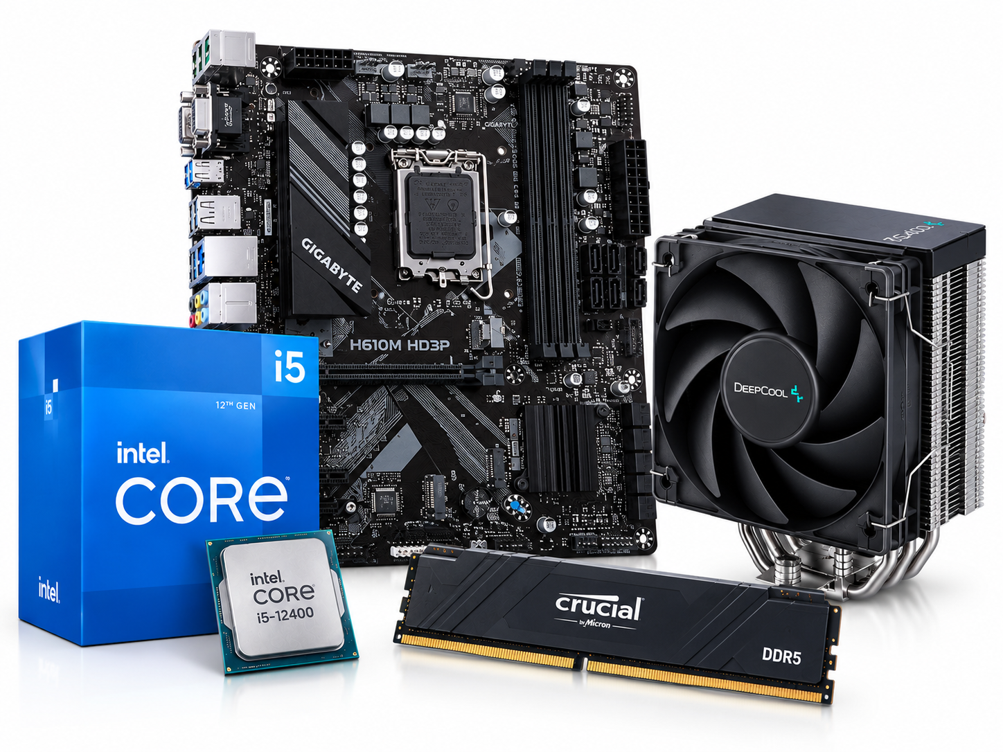 باندل H610m HD3P Gigabyte +Cpu i5 12400 +Ram 16g 4800mhz crusial+cooler +Ag400 coolermaster